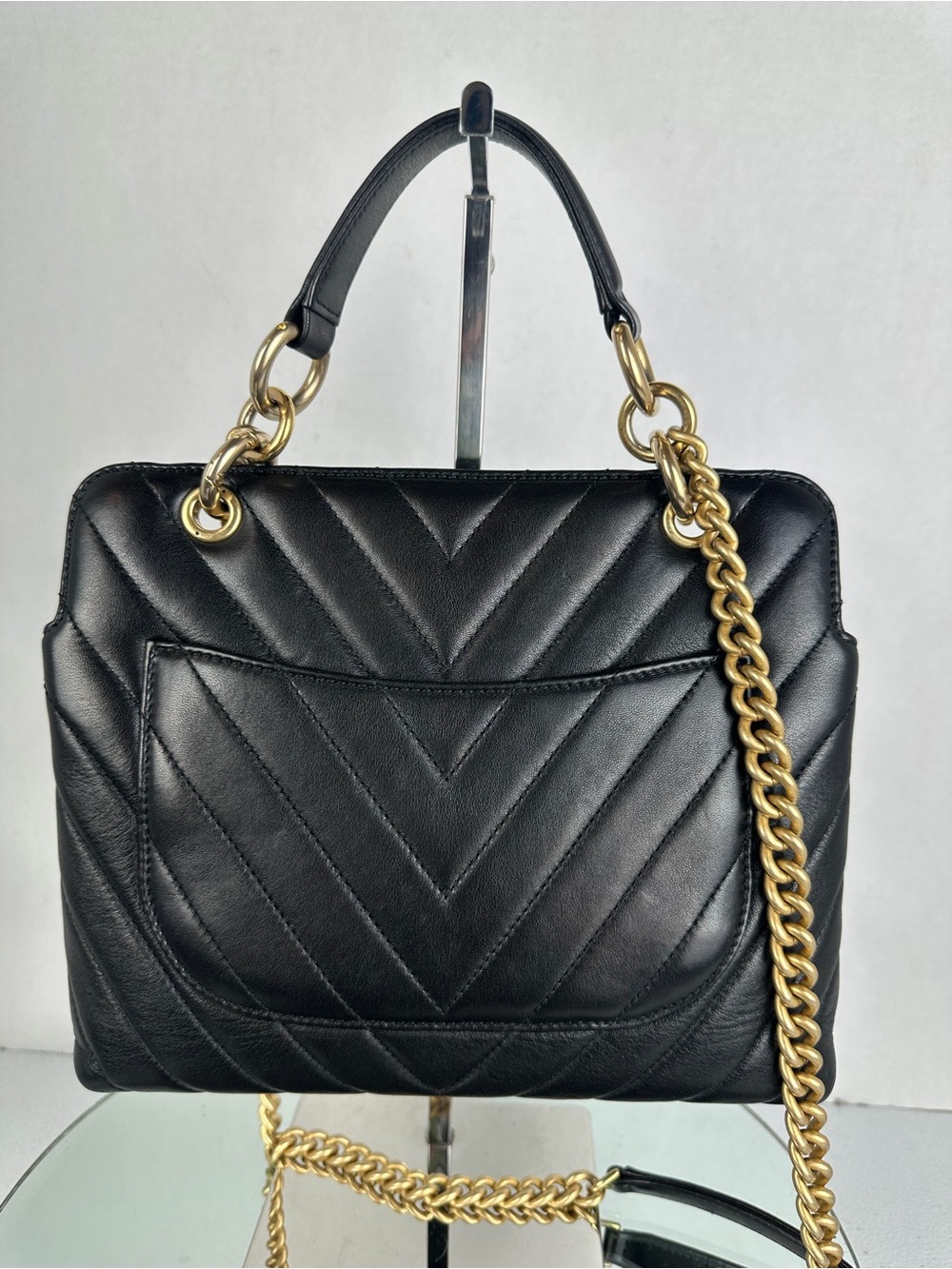 CHANEL Black Chevron Top Handle Chain Shoulder Bag Gold Hardware - Picture 3 of 12